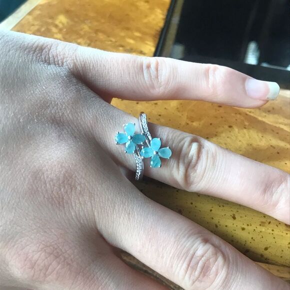 Natural Grandidierite Sterling Silver Flower Bypass Ring Size 7 - Picture 2 of 9